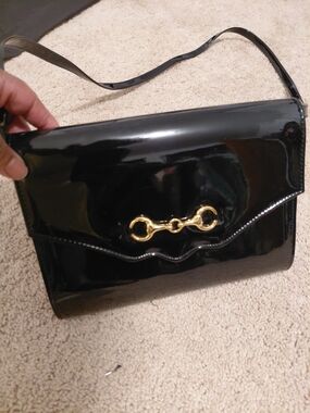 Black Patent Shoulder Bag with Gold Hardware